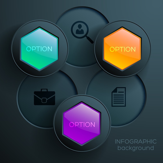 Concepto de infografía web empresarial con iconos coloridos hexágonos brillantes y botones redondos