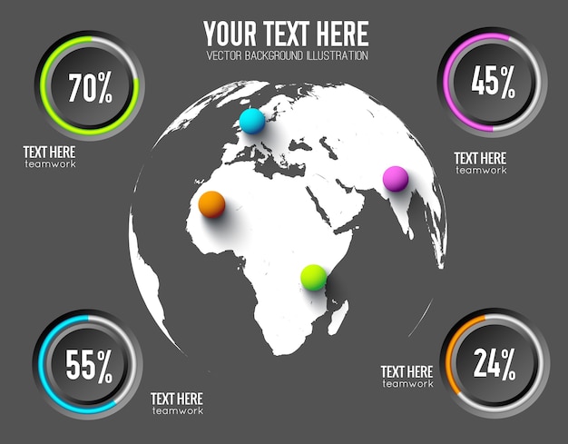 Concepto de infografía web empresarial con tasas de porcentaje de botones redondos y bolas de colores en el mundo