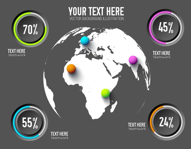 Concepto de infografía web empresarial con tasas de porcentaje de botones redondos y bolas de colores en el mundo