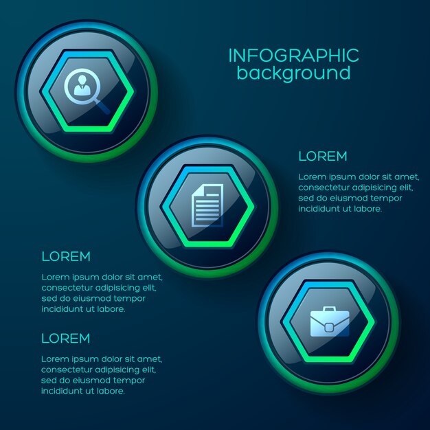 Concepto de infografía web con tres coloridos botones web brillantes e iconos de negocios