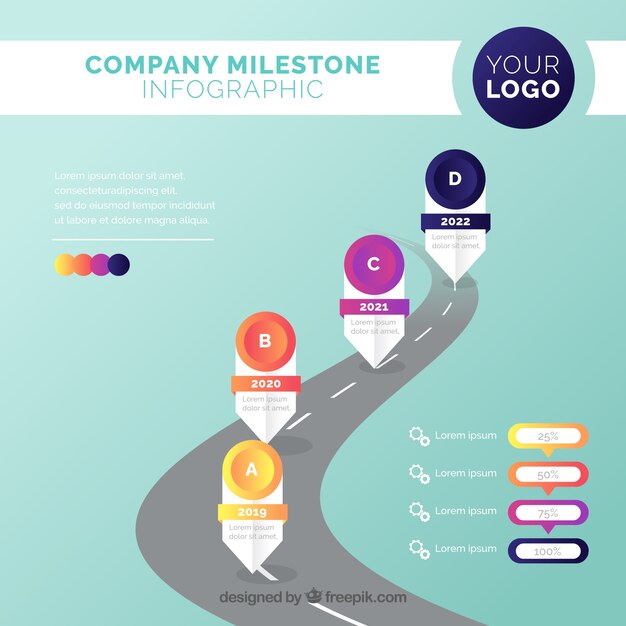 Concepto infográfico de hitos de empresa con carretera