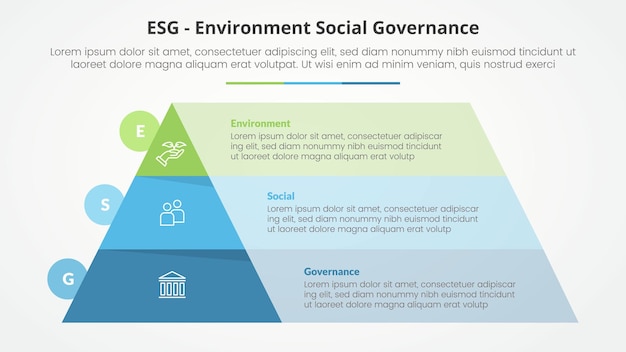 Vector gratuito concepto infográfico de marcos esg para presentación de diapositivas con contenedor de caja piramidal y rectangular con lista de 3 puntos con estilo plano