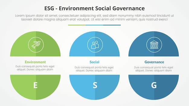 Vector gratuito el concepto infográfico de los marcos esg para la presentación de diapositivas con corte de círculo grande, media rebanada truncada con lista de 3 puntos con estilo plano