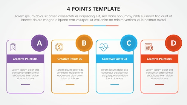Concepto infográfico de plantilla de escenario de 4 puntos para presentación de diapositivas con cuadro de contorno y placa circular Lista de 4 puntos con vector de estilo plano