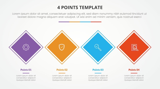 Vector gratuito concepto infográfico de plantilla de escenario de 4 puntos para presentación de diapositivas con lista de 4 puntos horizontales cuadrados girados con vector de estilo plano