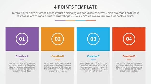 Concepto infográfico de plantilla de escenario de 4 puntos para presentación de diapositivas con mesa de caja grande y encabezado colorido Lista de 4 puntos con vector de estilo plano