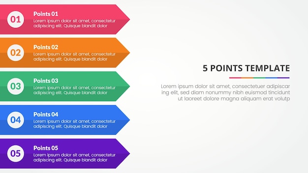 Vector gratuito concepto infográfico de plantilla de escenario de 5 puntos para presentación de diapositivas con flecha rectangular larga en dirección derecha con lista de 5 puntos con vector de estilo plano