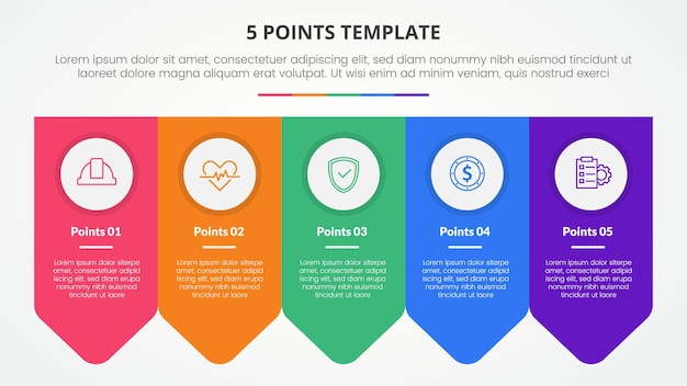 Concepto infográfico de plantilla de escenario de 5 puntos para presentación de diapositivas con insignia de flecha simétrica horizontal con lista de 5 puntos con vector de estilo plano