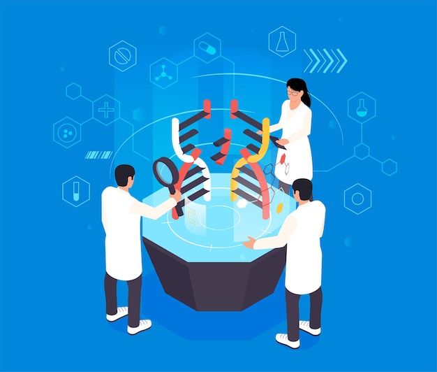 Vector gratuito concepto de ingeniería genética isométrica con científicos que estudian la ilustración del vector de adn