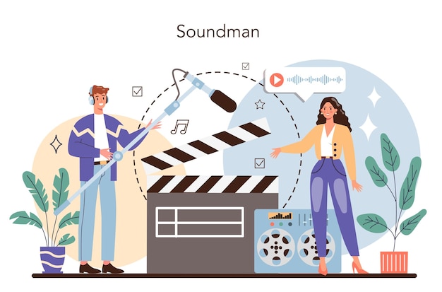 Vector gratuito concepto de ingeniero de sonido grabación de sonido de la industria de producción musical con un equipo de estudio creador de una banda sonora ilustración vectorial en estilo de dibujos animados