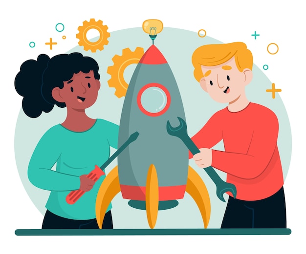 Concepto de innovación de diseño plano con cohete.