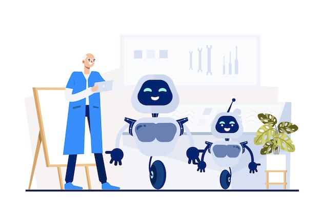 Concepto de innovación de diseño plano con robots.