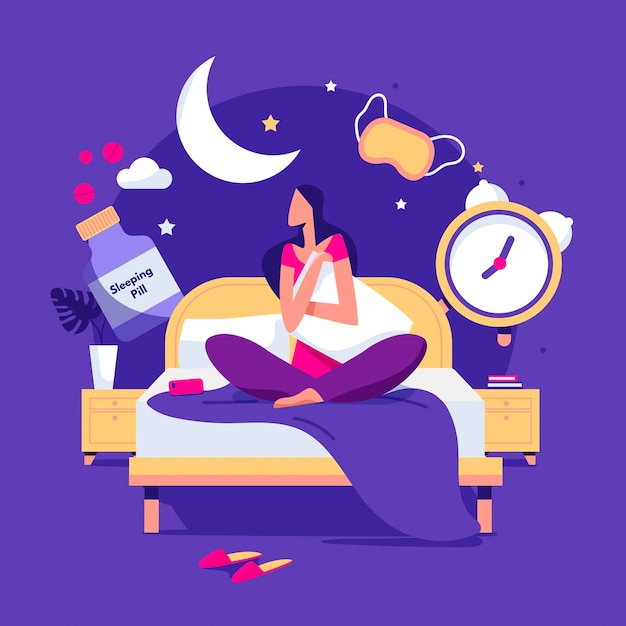 Vector gratuito concepto de insomnio de diseño plano con mujer