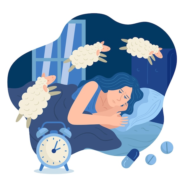 Concepto de insomnio con mujer y oveja