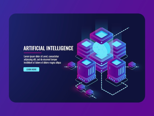Concepto de inteligencia artificial, sala de servidores, procesamiento de datos grandes, cerebro en la incubadora