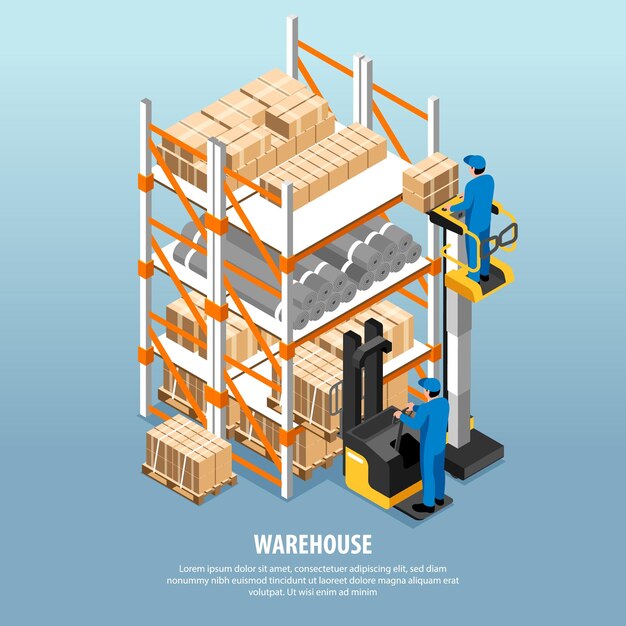 Concepto interior de almacén isométrico con trabajadores cargando cajas de cartón ilustración vectorial