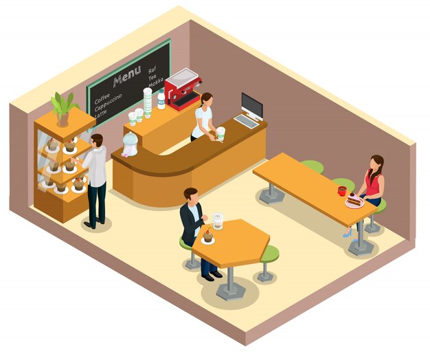 Concepto interior de cafetería isométrica con abogado en el mostrador clientes tomando café y comiendo postres en mesas aisladas