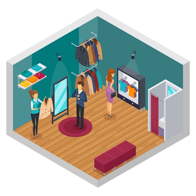 Concepto interior isométrico aislado y coloreado de la tienda que intenta con los accesorios y los compradores del paño