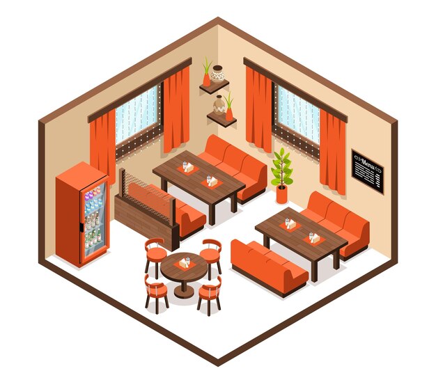 Concepto interior de restaurante isométrico con muebles de comedor y nevera ilustración vectorial