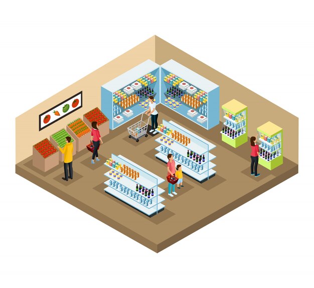 Concepto interior de supermercado isométrico