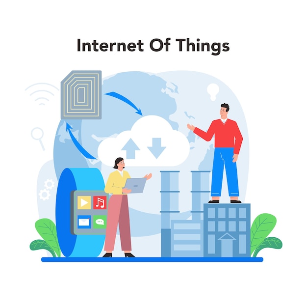 Concepto de internet de las cosas idea de electrónica inalámbrica inteligente tecnología global moderna conexión entre dispositivos y electrodomésticos ilustración de vector plano aislado