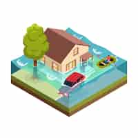 Vector gratuito concepto de inundación de desastres naturales isométricos con coche de casa inundado y hombre flotando en bote a lo largo de la ilustración de vector 3d de la calle