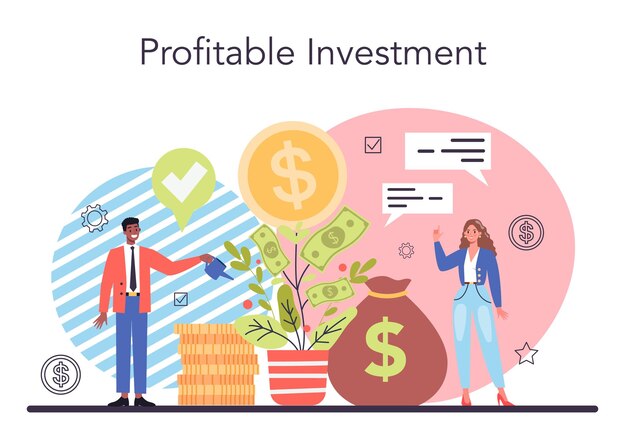 Concepto de inversor Estrategia de inversión Análisis fundamental Deversificación Aumento de la inversión Idea de apoyo financiero Invertir dinero en proyecto Ilustración plana vectorial