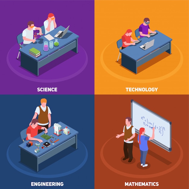 Concepto isométrico 2x2 de educación STEM con diversas situaciones que involucran a estudiantes y maestros con subtítulos de texto