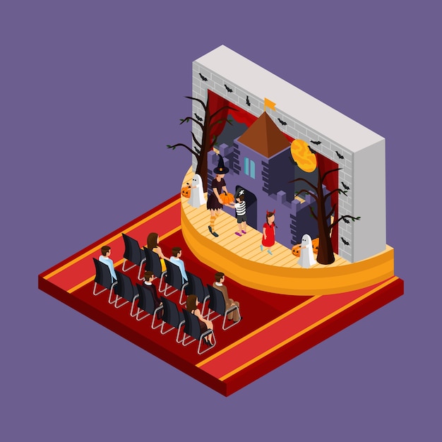 Concepto isométrico de actuación teatral de Halloween con espectadores y actores murciélagos árboles de miedo castillo embrujado en el escenario aislado