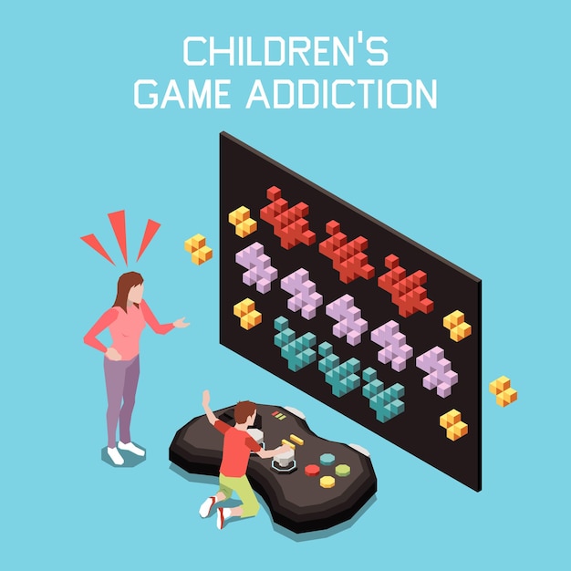 Vector gratuito concepto isométrico de adicción a los gadgets con ilustración de vector de consola de juego infantil