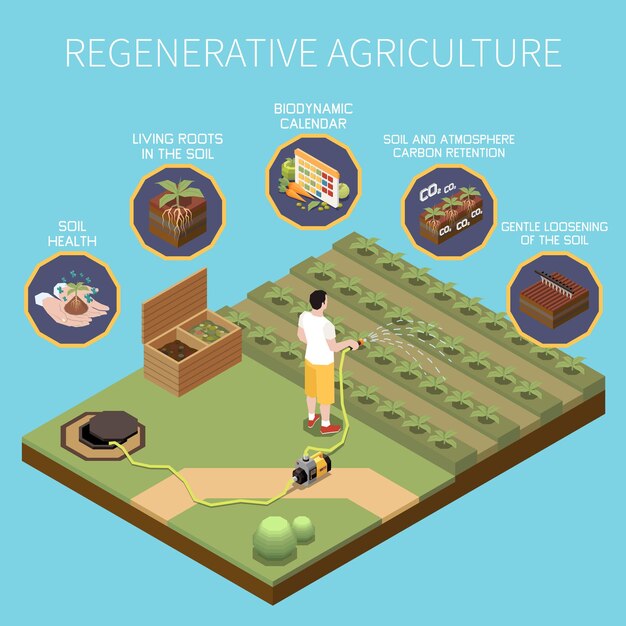 Concepto isométrico de agricultura regenerativa con principios de cultivo de plantas modernas ilustración vectorial