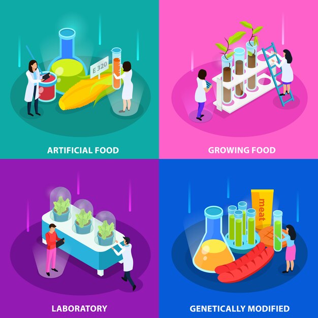 Concepto isométrico de alimentos artificiales con cultivo de vegetales en laboratorio y productos genéticamente modificados aislados