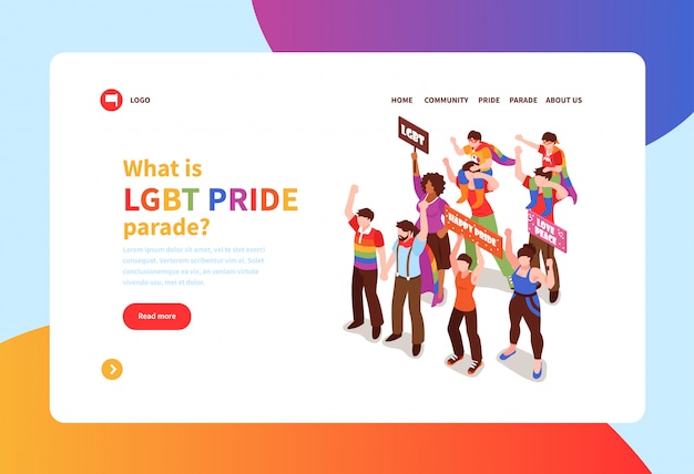 Concepto isométrico banner con personas que participan en el desfile del orgullo homosexual 3d