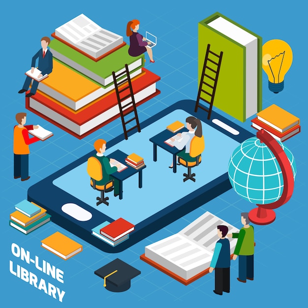 Concepto isométrico de la biblioteca en línea