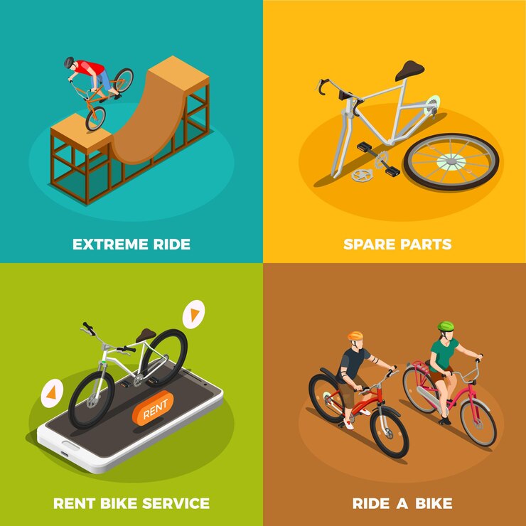 Vector gratuito concepto isométrico de bicicletas con repuestos de servicio de alquiler de bicicletas y paseo extremo aislado
