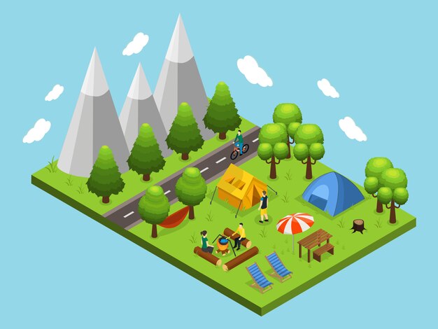 Concepto isométrico de camping de verano