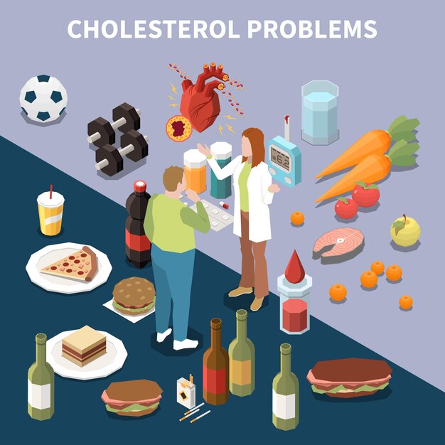 Concepto isométrico de colesterol con productos grasos buenos y malos ilustración vectorial