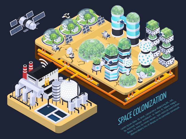 Concepto isométrico de colonización espacial