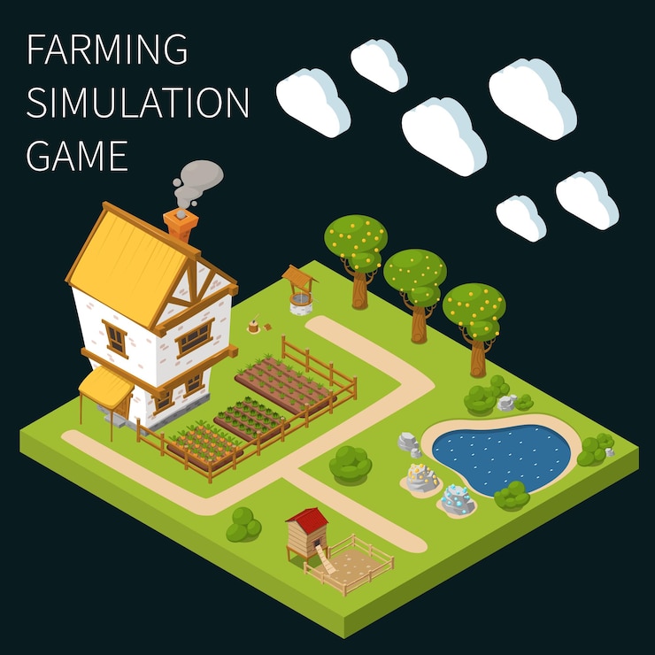 Vector gratuito concepto isométrico y de color de juego con título de juego de simulación agrícola y pieza aislada de ilustración de vector de tierra