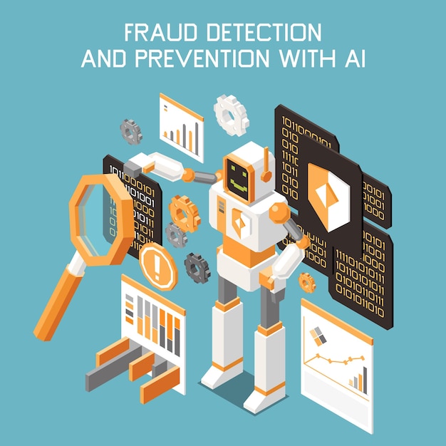 Vector gratuito concepto isométrico y coloreado de tecnologías de ia de marketing con detección y prevención de fraude con ilustración de vector de titular de ai