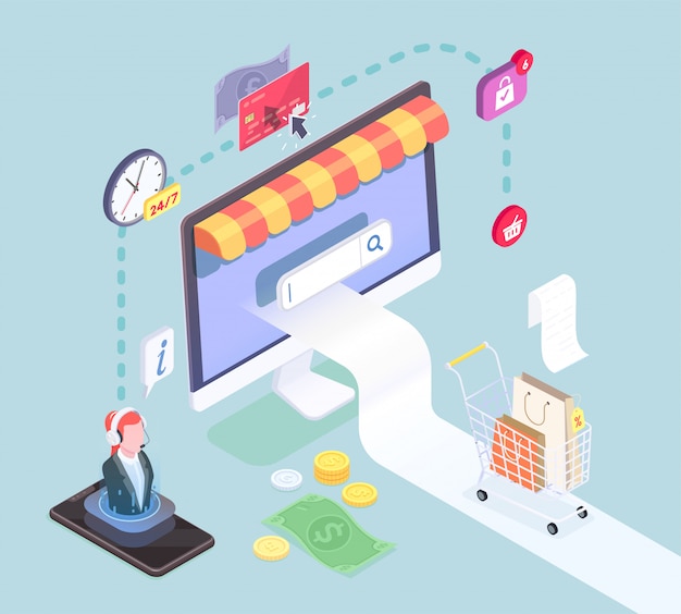 Concepto isométrico de comercio electrónico de compras con imágenes de iconos de pictograma de dispositivos electrónicos inteligentes y símbolos de efectivo ilustración vectorial