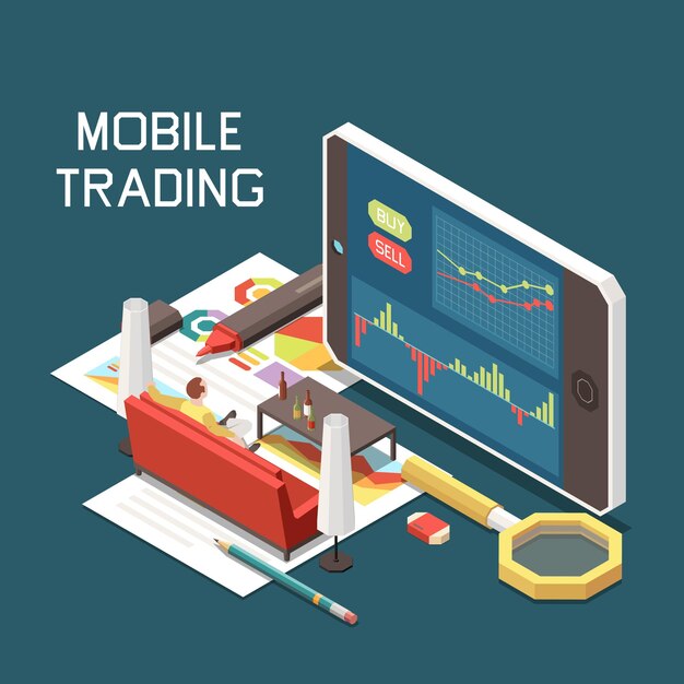 Concepto isométrico de comercio en línea móvil con ilustración de teléfono inteligente