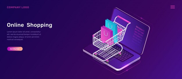 Concepto isométrico de compras en línea, carrito de compras