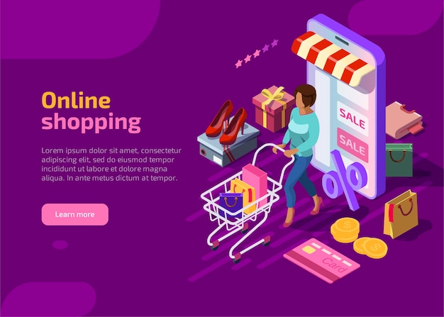 Vector gratuito concepto isométrico de compras en línea sobre fondo violeta