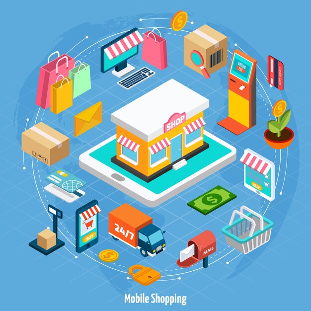 Concepto isométrico de compras móvil