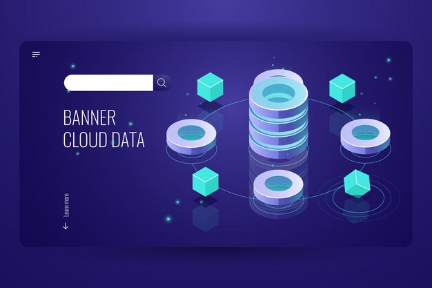 Concepto isométrico de computación en la nube, análisis y análisis de datos, objeto futurista de informática