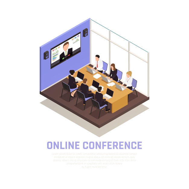 Concepto isométrico de conferencia en línea de negocios con símbolos de comunicación