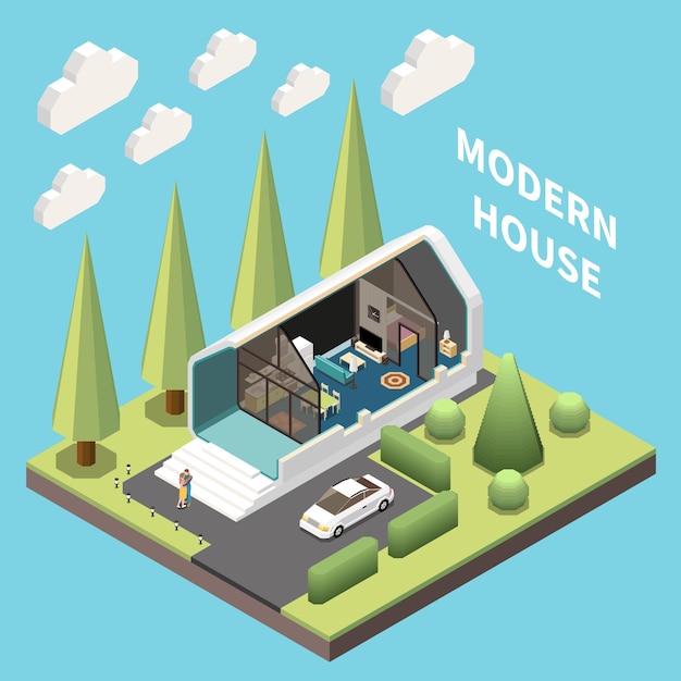 Concepto isométrico de construcción modular con ilustración de vector de corte de casa moderna