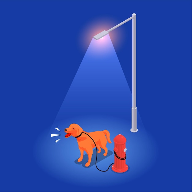 Concepto isométrico de contaminación acústica con perro ladrando bajo la ilustración de vector de luz de calle