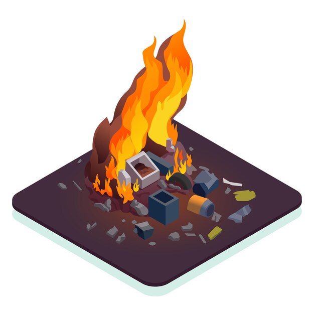 Concepto isométrico de contaminación del aire con ilustración de vector 3d de residuos quemados